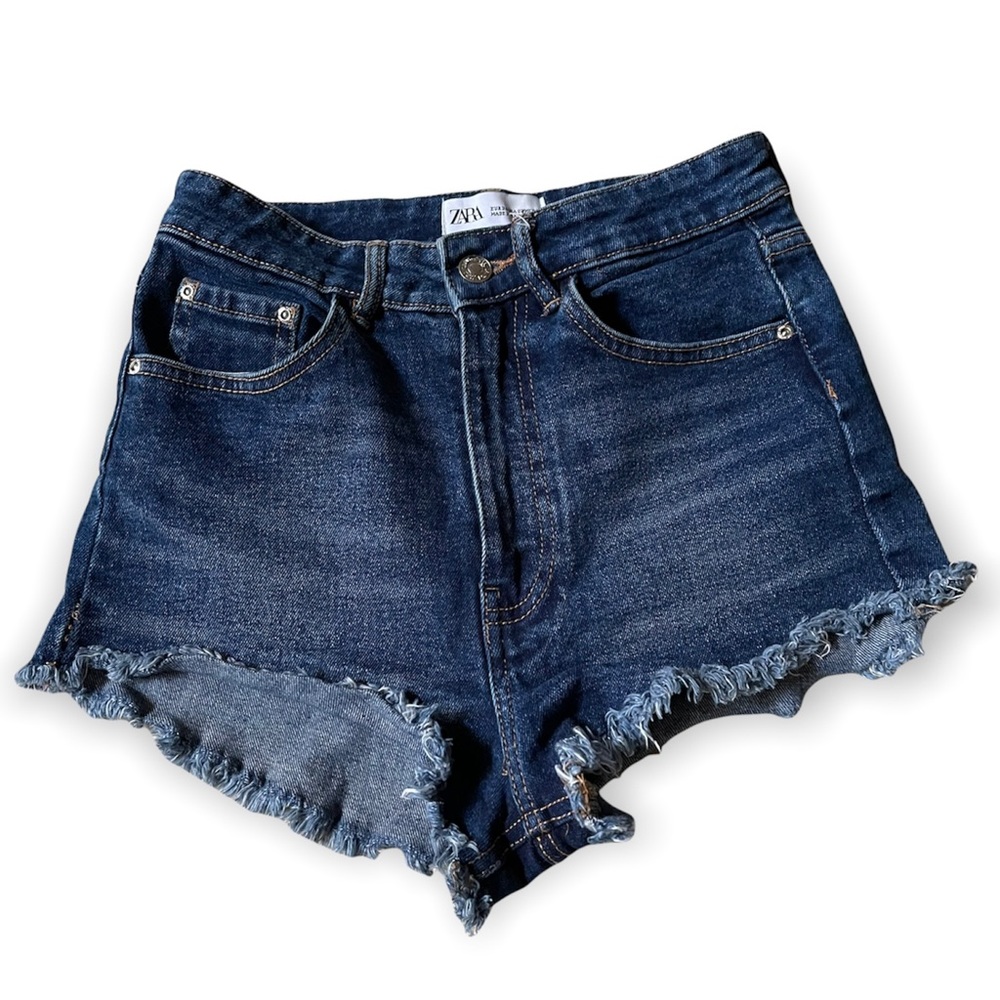 Zara Denim Cutoff High Rise Short Frayed Hem Med Wash Ecological Grown Cotton-2 - Picture 2 of 7
